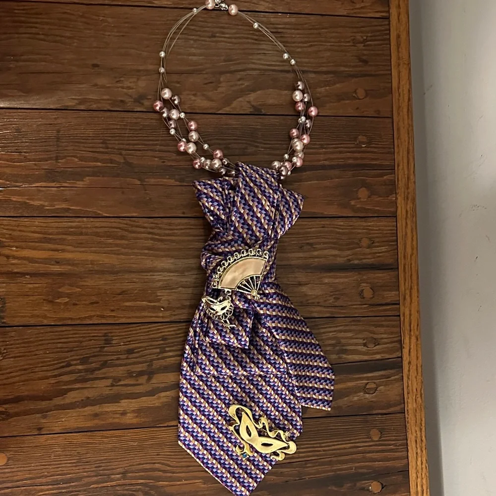 Purple and Gold Beaded Necklace with silk tie & Brooch